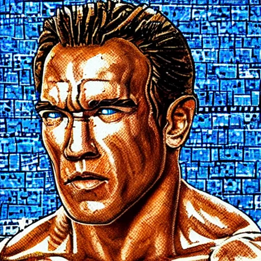 Image similar to ancient greek mosaic of arnold schwarzenegger in zelda movie