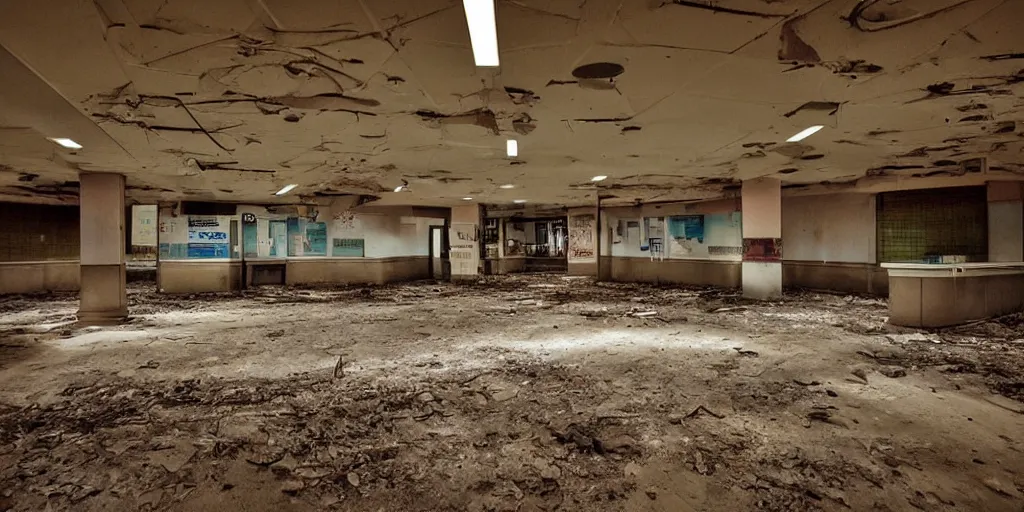Prompt: interior of an abandoned 1990s MCdonald's,creepy atmosphere