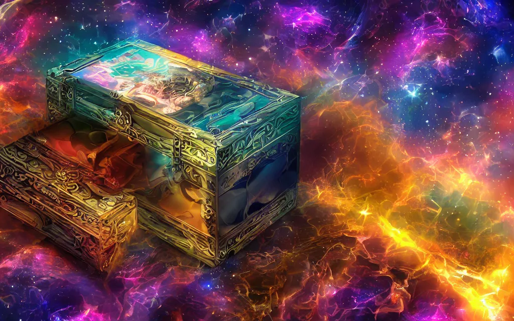 Prompt: A visit to a dimension contained within Pandora's box. 4K HD Wallpaper. Premium Prints Available