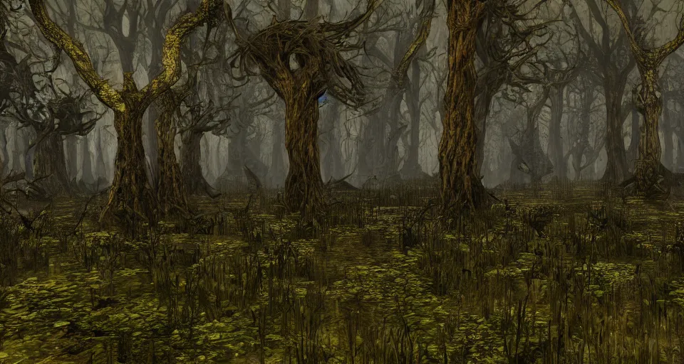 Image similar to A dense and dark enchanted forest with a swamp, from Lineage 2