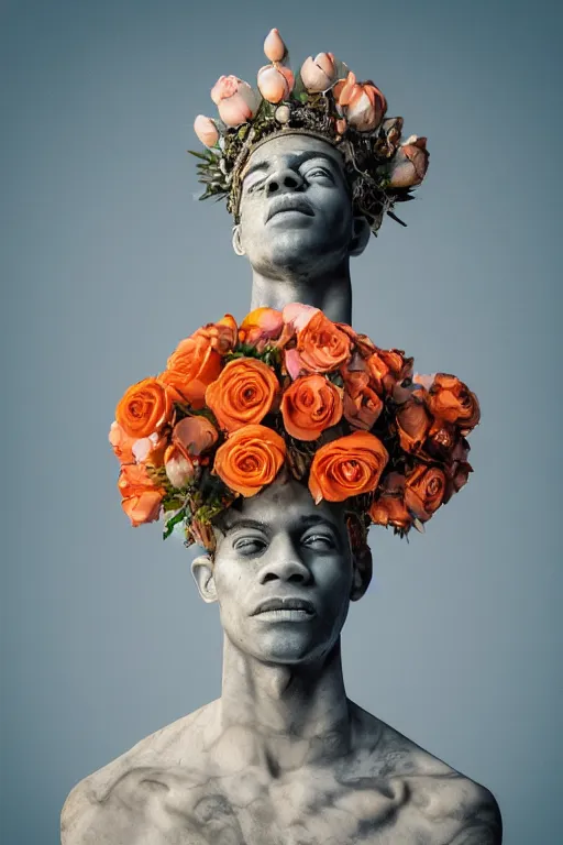 Prompt: beautiful marble bust of basquiat wearing a crown full of peach and white roses and hands reaching to the sky. rococo style decorations, background heavenly sky, marble columns, Trending on artstation. halo. octane render, cinematic, hyper realism, octane render, 8k, depth of field, 3D