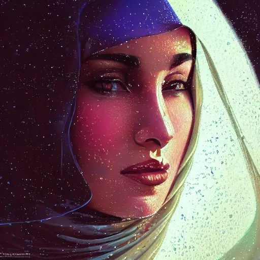 Image similar to detailed face of an arabic woman, glistening mosque, moment, tectonic sky, skydome, reactor, utopian, tech noir, wet reflections, prism, atmospheric, ambient, pj crook, syd mead, livia prima, artgerm, greg rutkowski, nick alm, casey baugh