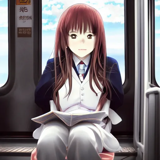 Image similar to portrait of the lone girl sitting in train carriage, anime fantasy illustration by tomoyuki yamasaki, kyoto studio, madhouse, ufotable, trending on artstation