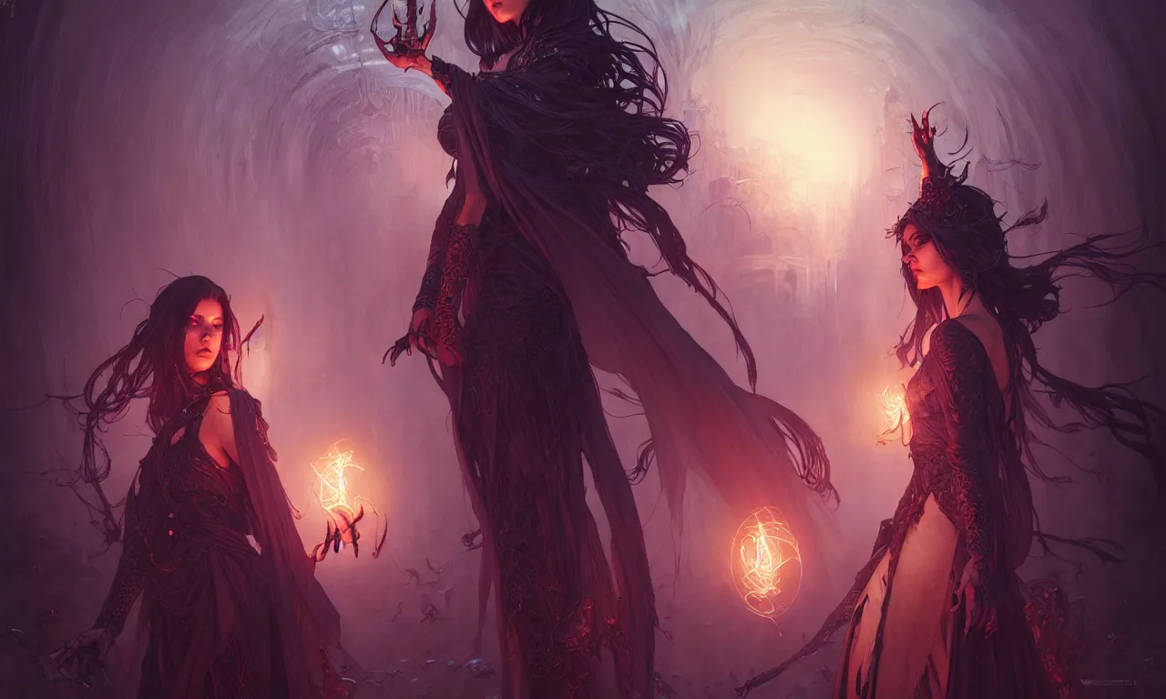 Image similar to Necromancer Sorceress in center, fantasy magic, undercut hairstyle, dark light night, intricate, elegant, sharp focus, illustration, highly detailed, digital painting, concept art, matte, art by WLOP and Artgerm and Greg Rutkowski and Alphonse Mucha, masterpiece