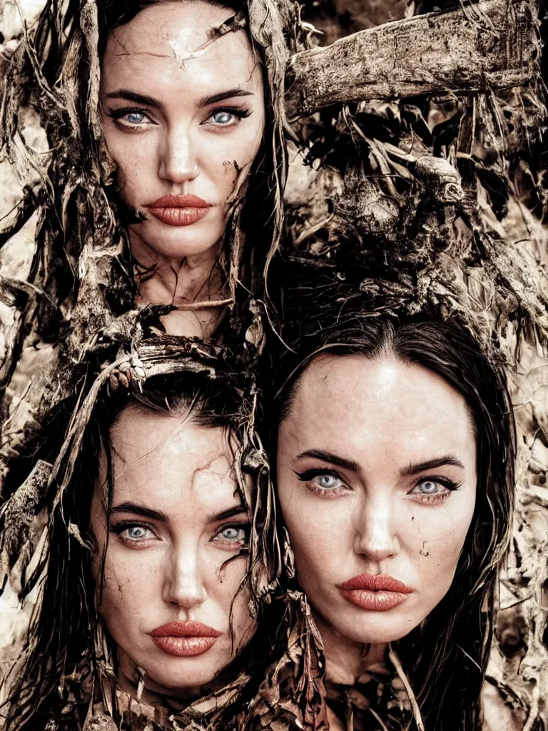 Image similar to photo, warrior, native beauty, nose of Angelina Jolie, lips of Megan Fox, big symmetrical eyes of Bjork, award winning photography by Leonardo Espina