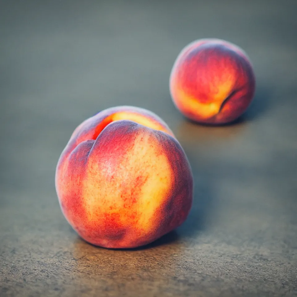 Prompt: A beautiful close-up photo of a round and juicy peach with human skin. Photorealistic. Bokeh.