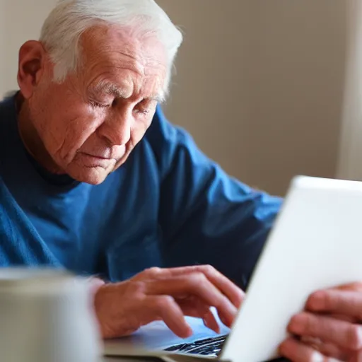 Image similar to elderly man sitting inside a casket browsing internet on laptop from a casket casket