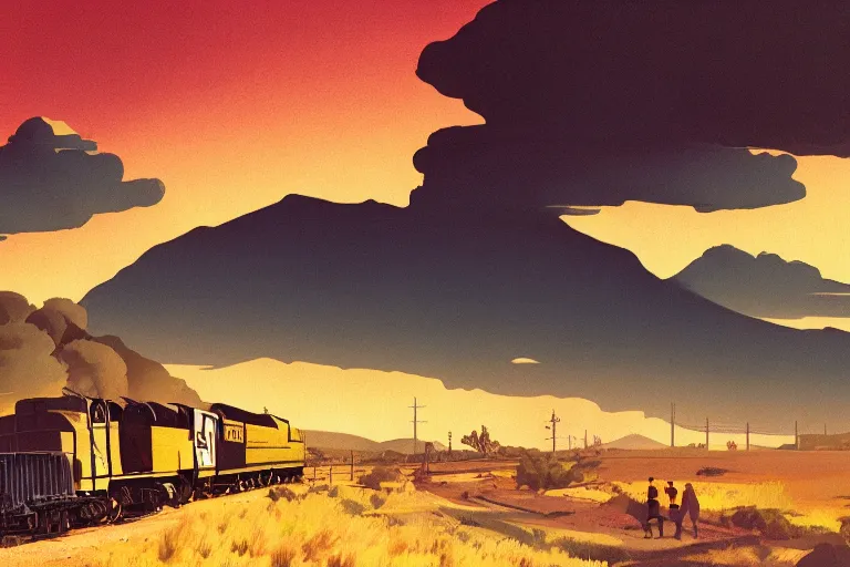 Image similar to idyllic old western freight train illustration by syd mead, artstation, 4 k, graphic novel, concept art, matte painting, steam engine spewing billowy white clouds of steam, beautiful mountain desert sunset background, golden hour