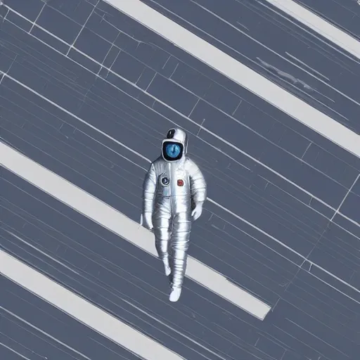 Image similar to man in silver space suit, walking on an industrial catwalk suspended in the darkness of space, surrounded by stars, photograph, isometric view