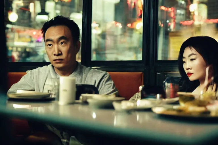 Prompt: VFX movie interior closeup beautiful Asian couple closeup sitting at 50s diner, night in the city, by Emmanuel Lubezki