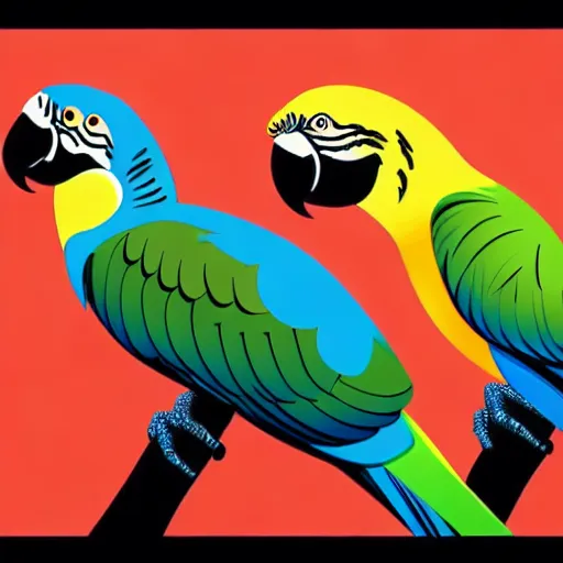 Prompt: parrots playing with one another wide angle shot, white background, vector art, illustration by frank frazetta