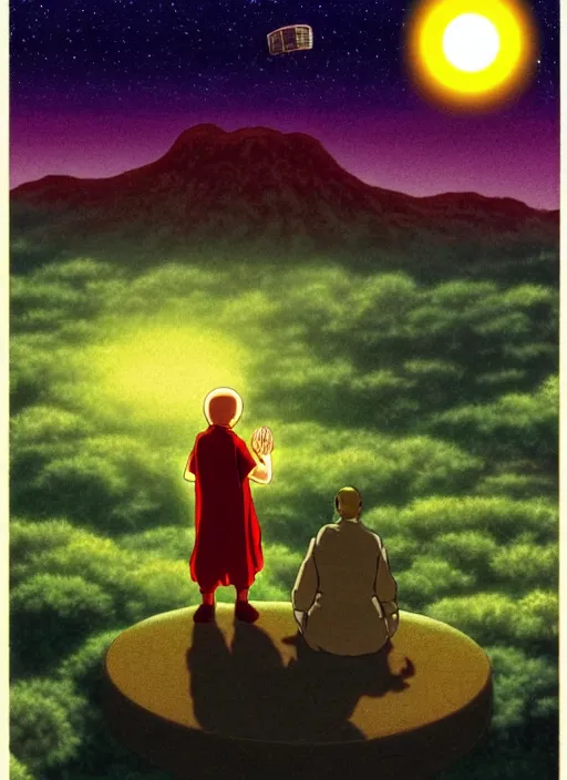 Image similar to a realistic cell - shaded studio ghibli concept art from paprika ( 2 0 0 6 ) of a floating cube from close encounters of the third kind ( 1 9 7 7 ) and a monk meditating on a misty starry night. very dull colors, hd, 4 k, hq