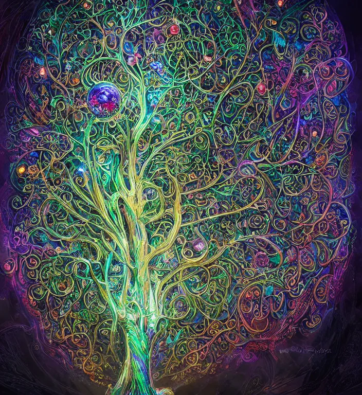 Prompt: stunning tree of life, award winning matte concept art, intricate linework, precious ornate hooded cybernetic emissive gothic colorful dark colorful, clear focus, iridescent baroque crystals, glowing, futuristic, detailed realistic, raytracing colorful gems, black opal, magical colorful, realistic character art, wlop, chebokha, rutkowski, artgerm