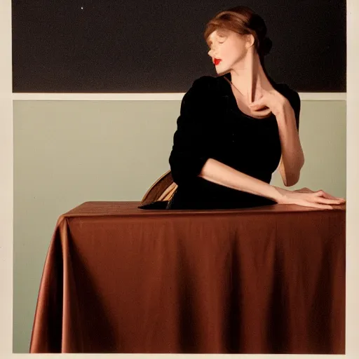 Image similar to Kodachrome long shot photograph of tall pale woman wearing velvet black dress with thin straps with pinned-back brown hair, looking to the side, leaning on a table, holding dress in a bunch. 8k Photograph. TIME Magazine.