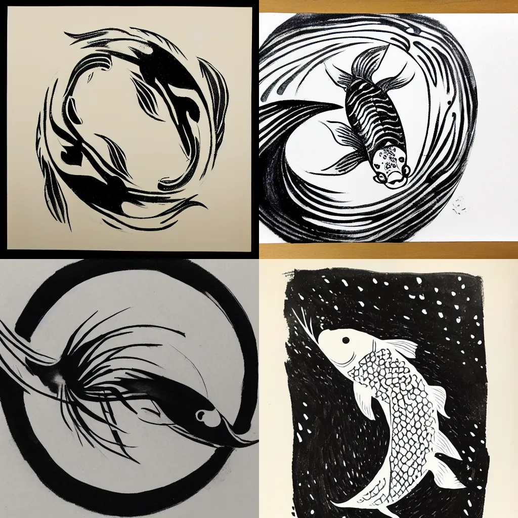 Prompt: a single koi fish swimming in circle with a flowing trail of ink following behind, Sumi ink style