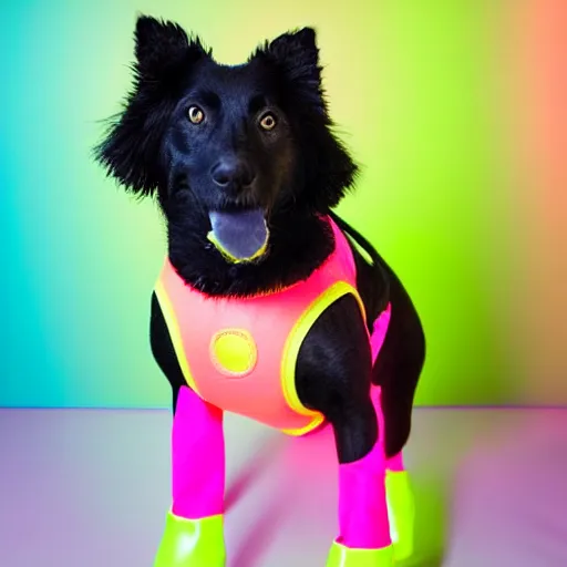 Image similar to dog wearing neon pink shoes, realistic photo, studio quality photograph