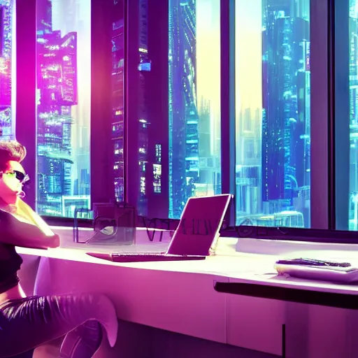 Image similar to synthwave cluttered living room wide shot cyberpunk high tech, cool girl sitting at table, through the window is a cityscape, dramatic lighting, music by vangelis