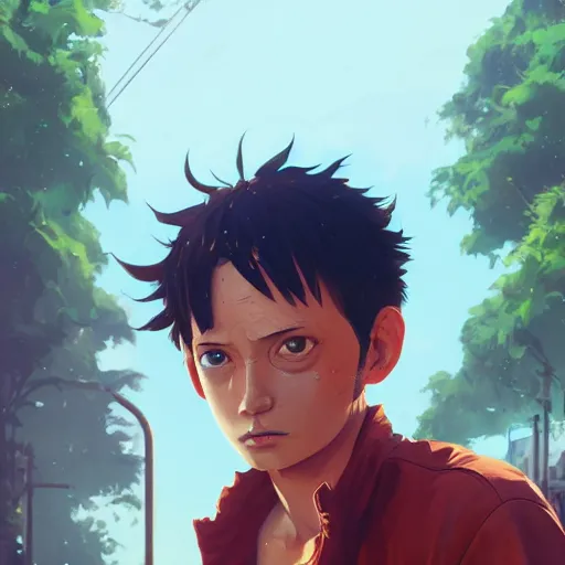 Image similar to highly detailed portrait 🤖 luffy in gta v, stephen bliss, unreal engine, fantasy art by greg rutkowski, loish, rhads, ferdinand knab, makoto shinkai and lois van baarle, ilya kuvshinov, rossdraws, tom bagshaw, global illumination, radiant light, detailed and intricate environment