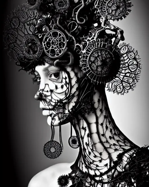 Image similar to surreal dark poetic black and white photo portrait of complex bio-mechanical beautiful young silver female vegetal-cyborg with a Mandelbrot fractal steampunk metal fine lace face, a very long neck and a fine metal floral foliage super big lace collar by Vivienne Westwood:: smoke, high fashion, haute couture, rococo, steampunk, avant-garde, silver filigree details, anatomical, facial muscles, cable wires, microchip, elegant, dreamy, foggy atmosphere, hyper realistic, 150 mm lens, soft rim light, octane render, unreal engine, picture was taken in 1910 by Man Ray, volumetric lighting, dramatic light,8k,