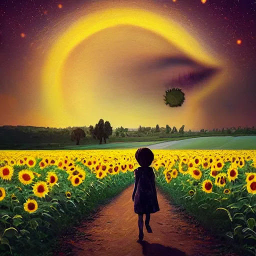 Image similar to huge sunflower as a face, girl walking in wheat field, hills, surreal photography, dark night, star trails, dramatic light, impressionist painting, clouds, digital painting, artstation, simon stalenhag