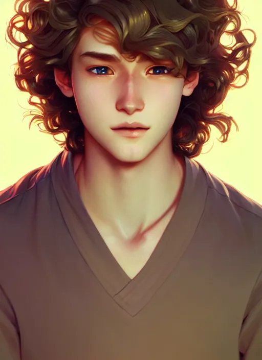 Image similar to young man with medium - length, curly, golden hair, aquamarine eyes, natural lighting, path traced, highly detailed, high quality, cartoon, digital painting, by new haicheng and ross tran and studio ghibli and alphonse mucha