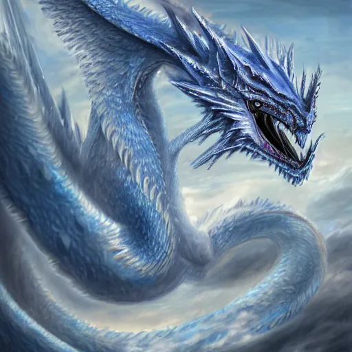 Image similar to a Blue eyed white dragon, epic background by Keith Thompson and Christopher Bretz, highly detailed, digital painting, HDRI, vivid colors, high contrast, 8k resolution, intricate, photorealistic, smooth