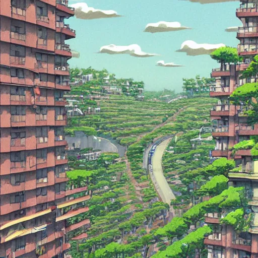 Prompt: a sprawling city landscape in an abandoned east asian country, highrise buildings, vines and weeds growing from the balconies, plants sprouting from the concrete, intricate, elegant, smooth, sharp focus, illustration, art by Studio Ghibli