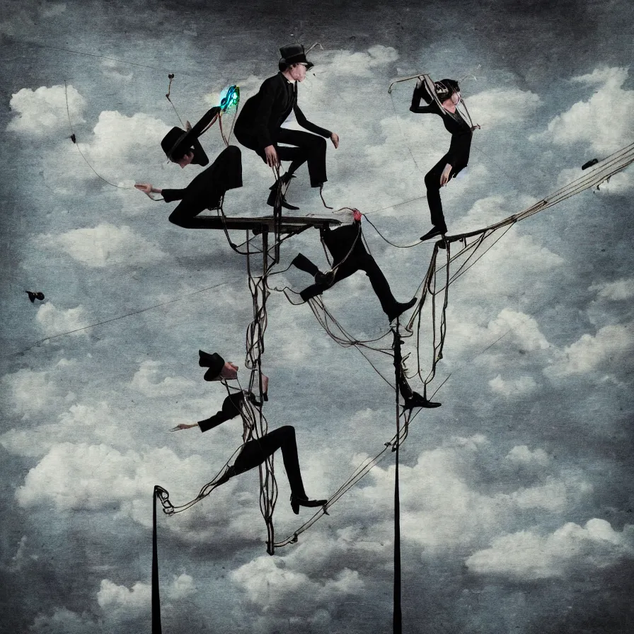 Prompt: surrealist artwork of the atmospheric indie album titled :'the tightrope walker falls '.