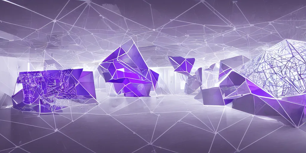 Image similar to Exhibiton with guests and digital terminals from an artificial intelligence with several geometric shapes with white and purple contours. Realistic Concept Art photography