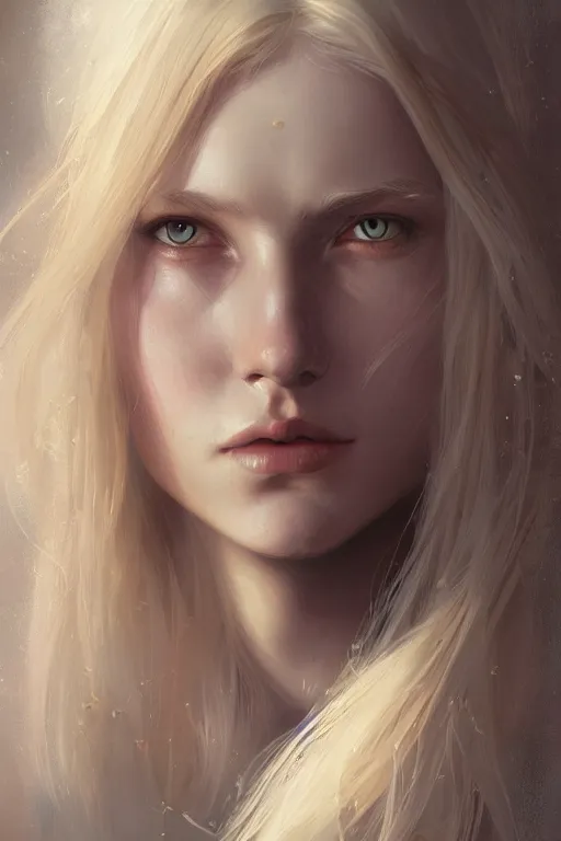 Image similar to Close-up portrait of young nordic girl, long blonde hair, dark fantasy, portrait, highly detailed, digital painting, artstation, concept art, sharp focus, illustration, art by artgerm and greg rutkowski and alphonse mucha