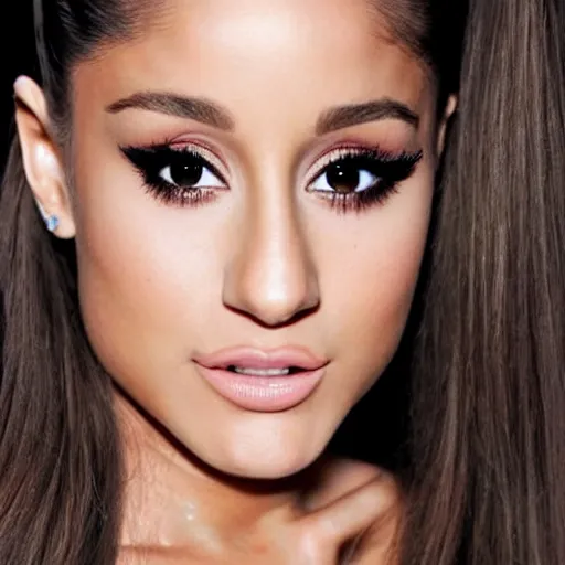 Prompt: HD realistic photograph of Ariana Grande. Zoomed in face portrait. Beautiful 130mm photography, award-winning. Everyone is such a big fan of this pop princess. HD Face. ID Badge photo. LinkedIn photo. Professional photo. Slender face, cat-eye makeup. countoured makeup. Ponytail.