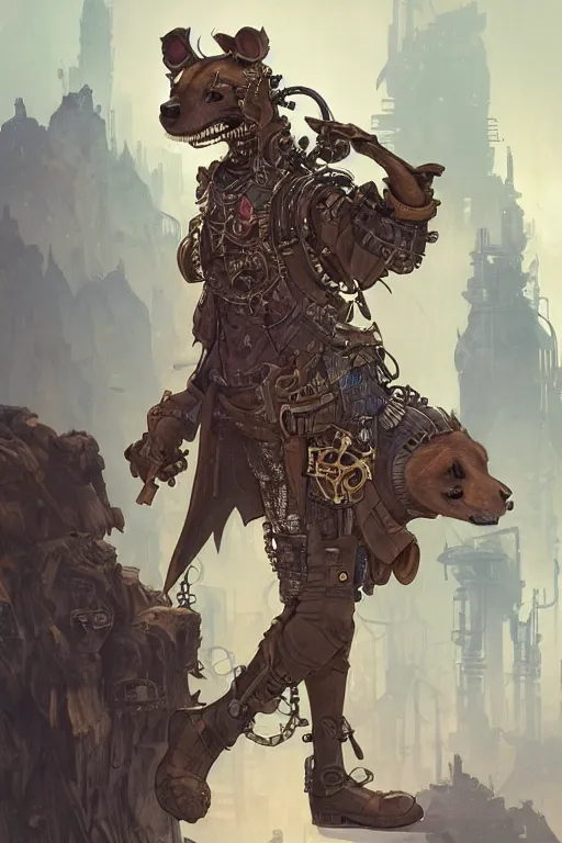 Image similar to anthropomorphic hyena as steampunk half - cyborg, western, high fantasy, dnd, smooth, sharp focus, illustration, highly detailed, digital painting, artstation, concept art, by disney animation, rossdraws, alphonse mucha, frank fanzzeta, collectible card art