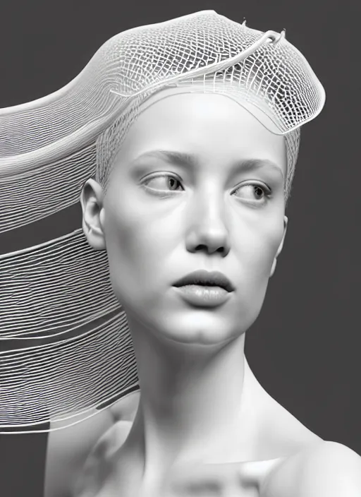 Image similar to complex 3d render ultra detailed of a beautiful porcelain profile young woman face, biomechanical cyborg, 200 mm lens, beautiful studio soft light, rim light, silver white gold red details, magnolia big leaves monochromatic and stems, roots, fine foliage lace, mesh wire, Alexander Mcqueen high fashion haute couture, art nouveau fashion embroidered, intricate details, hyper realistic, ultra detailed, mandelbrot fractal, anatomical, facial muscles, cable wires, microchip, elegant, octane render, H.R. Giger style, black eyes, plump lips, volumetric lighting, 8k post-production, trending on Artstation