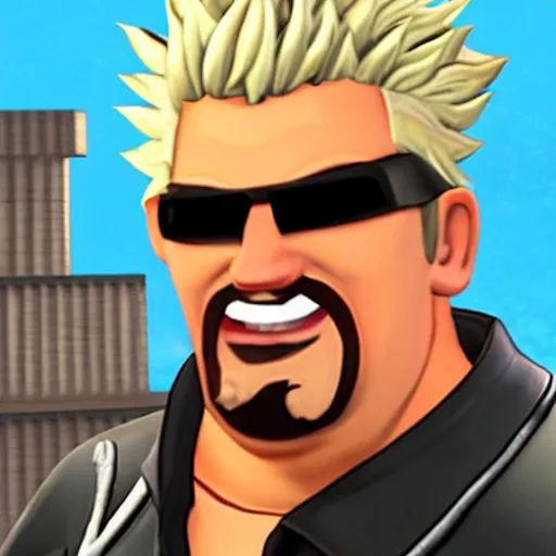 Prompt: in-game screenshot of Guy Fieri in Team Fortress 2 (2007)