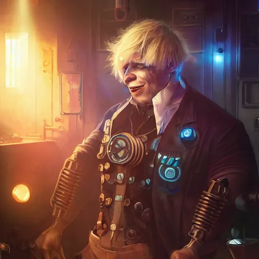 Image similar to cyborg steampunk boris johnson in a nightclub, anatomy, bathed in light, highly detailed, photorealistic, artstation, smooth, sharp focus, illustration, unreal engine 5, 8 k, art by artgerm and greg rutkowski and edgar maxence