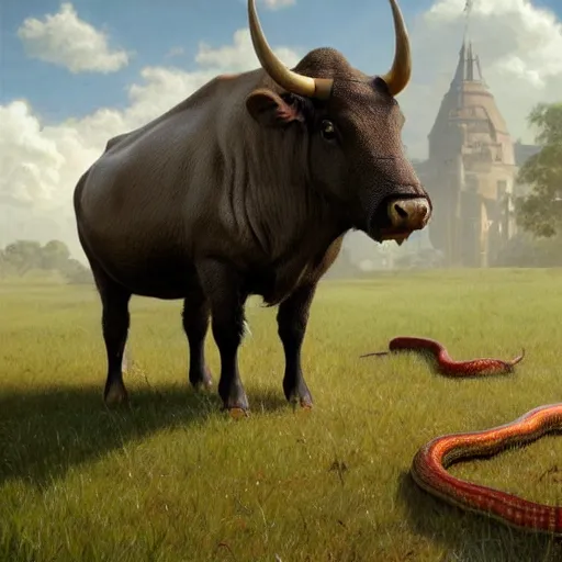 Prompt: an ox,chewing grass highly detailed, ring in nose, under one hoof is a rat and another is a snake digital painting, artstation, concept art, sharp focus, illustration, art by artgerm and greg rutkowski and alphonse mucha, Unreal Engine, 8k,