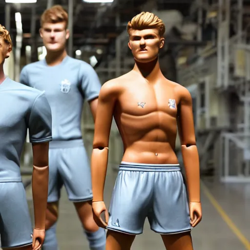 Image similar to a realistic detailed photo of a guy who is an attractive humanoid who is half robot and half humanoid, who is a male android, soccer players martin ødegaard & timo werner, shiny skin, posing like a statue, blank stare, in a factory, on display, showing off his muscles, gold soccer shorts, side view, looking at each other mindlessly