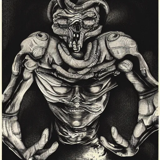 Image similar to doomguy portrait by goya and escher and hogarth, illusion surreal art, highly conceptual figurative art, intricate detailed illustration, controversial poster art, polish poster art, geometrical drawings, no blur