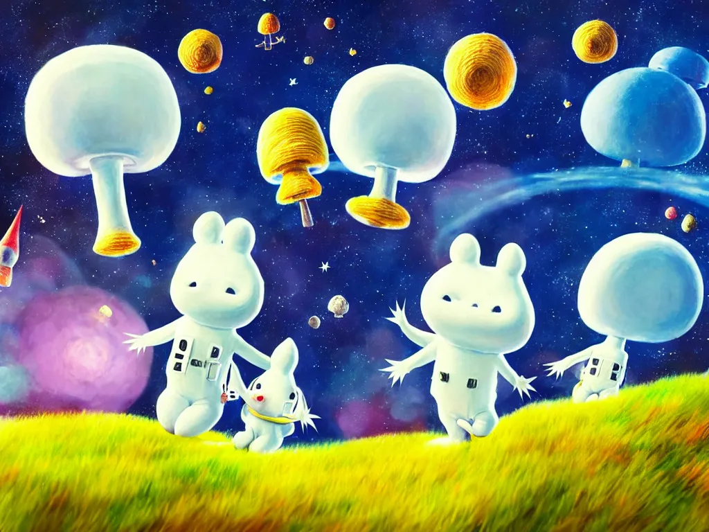 Prompt: moomins in space suits flying around with jetpacks discovering the mushroom planet, looking cute, photorealistic painting, movie still, cgi, warm colors, fluffy, cozy, dreamy, low light