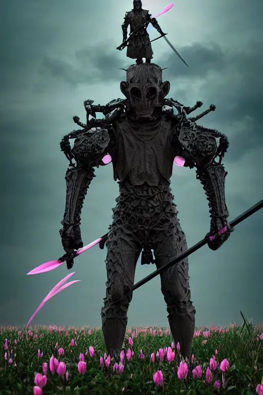 Prompt: hyperrealistic neo - gothic giant human gargoyle hybrid, exoskeleton armor, holding katana, field of pink flowers, highly detailed digital art masterpiece, vitaly bulgarov dramatic dark teal light, ground angle hd 8 k, sharp focus