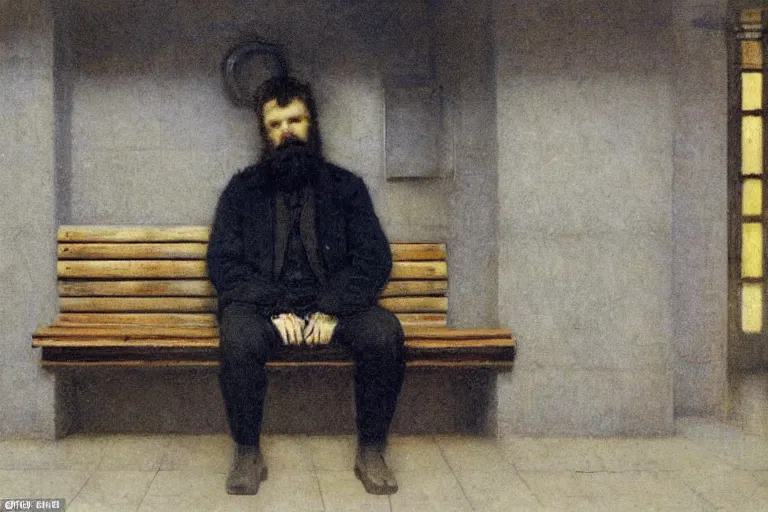 Prompt: portrait of a bearded young man sitting alone on a bench in a subway station, glowing with silver light, color by Franz Marc, highly detailed architecture by Jean-Léon Gérôme, by Winsor McCay, today's featured photograph, 16K