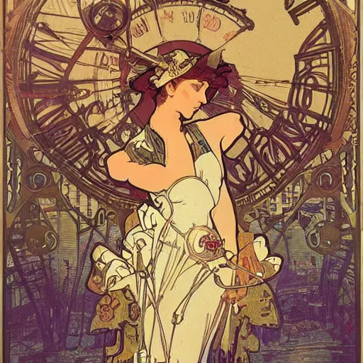 Image similar to a beautiful picture of a magical market in steampunk Paris by Alphonse Mucha, vintage color scheme, trending on Artstation