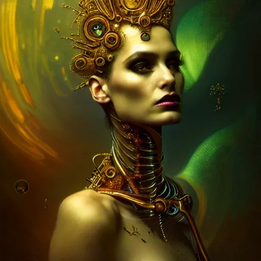 Image similar to extremely psychedelic beautiful cyborg viral queen infected by night. intricate, elegant, highly detailed, extremely lifelike photorealistic digital painting, artstation. steichen, gaston bussiere, tom bagshaw, brutalist cyberpunk alphonse mucha. elegant minimalism. anatomically correct. sharp focus. gold, black accents. surreal lush cosmic hallucination