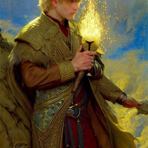Prompt: handsome arthur pendragon in love with handsome merlin the mage. merlin is also in love with arthur. highly detailed painting by gaston bussiere, craig mullins, j. c. leyendecker