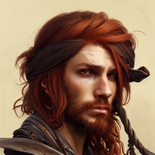 Image similar to portrait of a young rugged pirate, male, masculine, upper body, red hair, long hair, D&D, fantasy, intricate, elegant, highly detailed, digital painting, artstation, concept art, matte, sharp focus, illustration, art by Artgerm and Greg Rutkowski and Alphonse Mucha