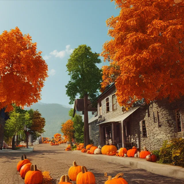 Image similar to pretty colonial city street with shops and pumpkins, maple trees with fall foliage, new hampshire mountain, stone walls, volumetric, realistic, cinematic lighting, ray tracing, unreal engine 5, octane render, hyper realistic, photo, 8 k