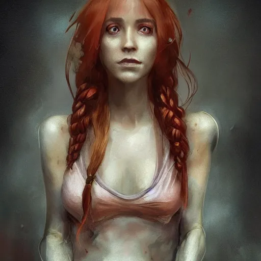 Image similar to portrait of woman with strawberry blond hair by bastien lecouffe - deharme and charles bowater, bangs, ponytail, greg rutkowski, black tank top, inspired by diablo concept art