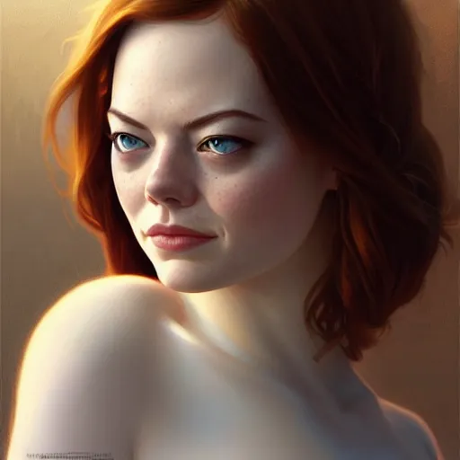Image similar to beautiful natural Emma Stone, intricate, elegant, highly detailed, digital painting, artstation, concept art, smooth, sharp focus, illustration, art by artgerm and greg rutkowski and alphonse mucha and loish and WLOP