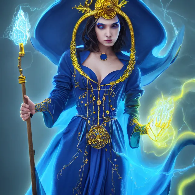 Image similar to beautiful elemental electric witch with ornate blue andyellow robes and staff, highly detailed, 4 k, hdr, smooth, sharp focus, high resolution, award - winning photo, artgerm, photorealistic