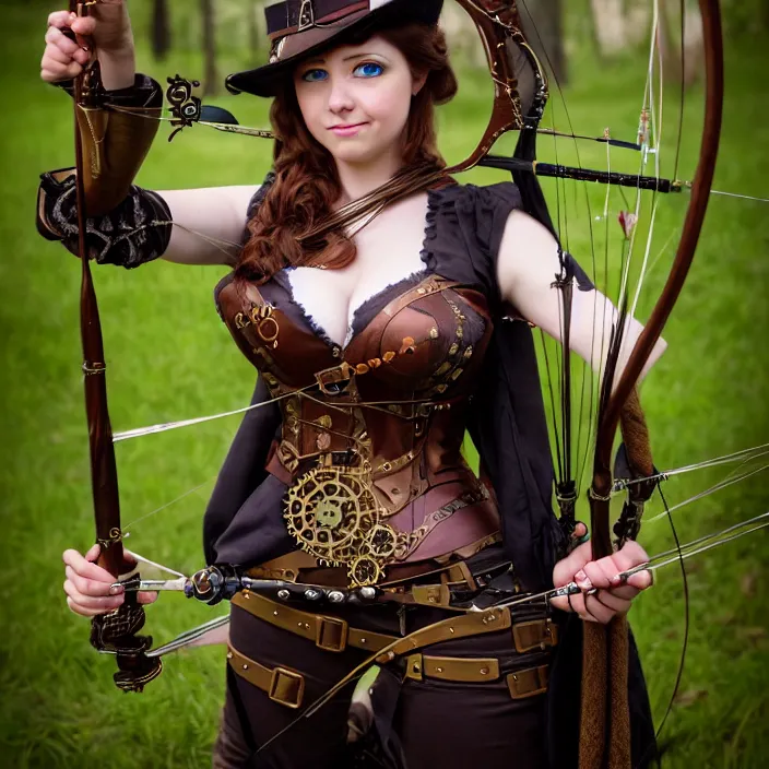 Image similar to full length portrait photograph of a real-life beautiful woman steampunk archer. Extremely detailed. 8k